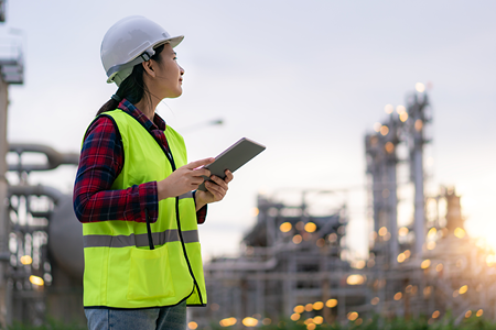 Asian Woman With Tablet Outside Chemical Facility