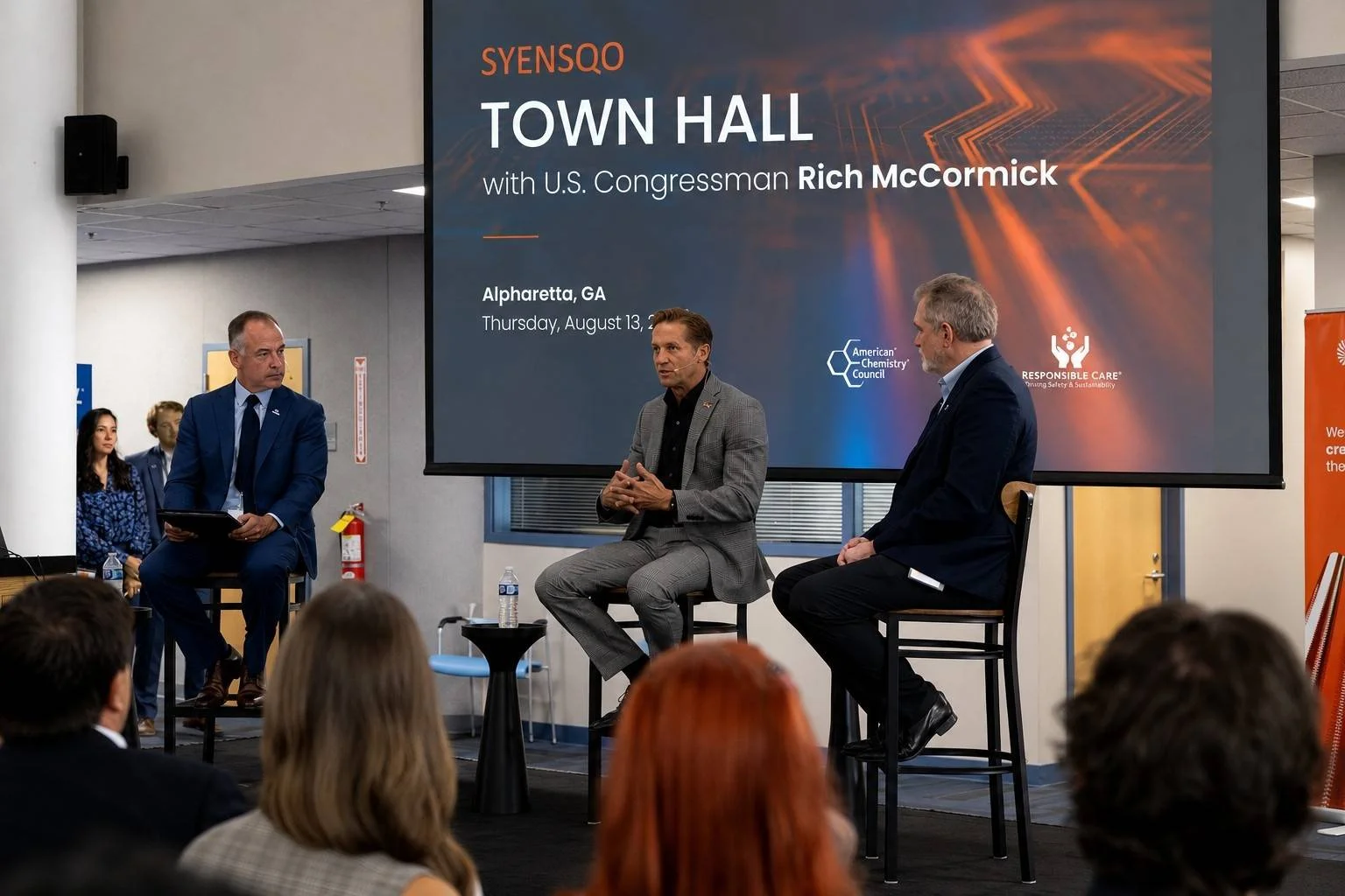 Panelists participate in a Syensqo town hall with U.S. Congressman Rich McCormick in Alpharetta, Georgia.