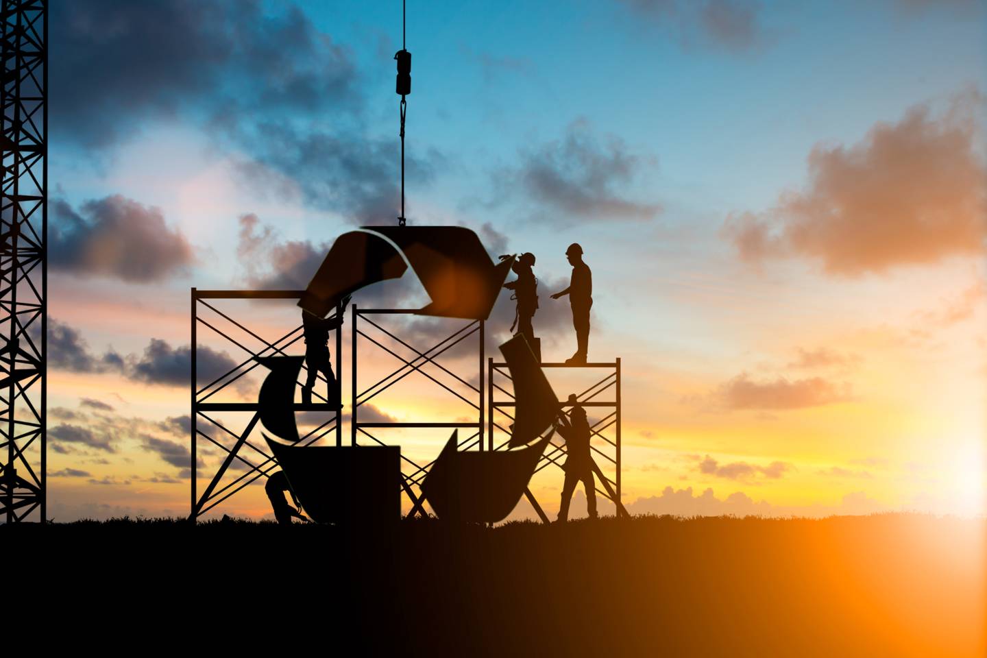 graphic construction workers building recycling symbol