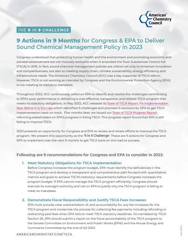 9 actions in 9 months for Congress & EPA to deliver sounds Chemical Management Policy